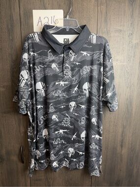 Men's Black Tactical Graphic Button-Down Polo Shirt